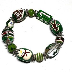 Lampwork Christmas Bracelet Glass Beads Gingerbread Snowman Candy Snowflakes